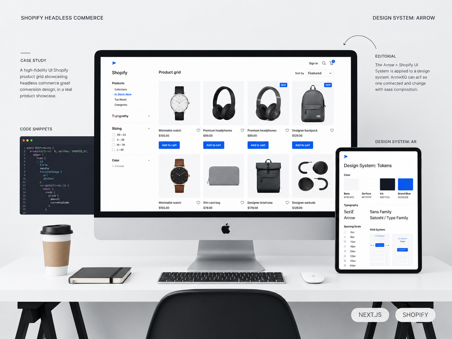 Mockup de ecommerce headless con Shopify, Next.js y sistema de diseño