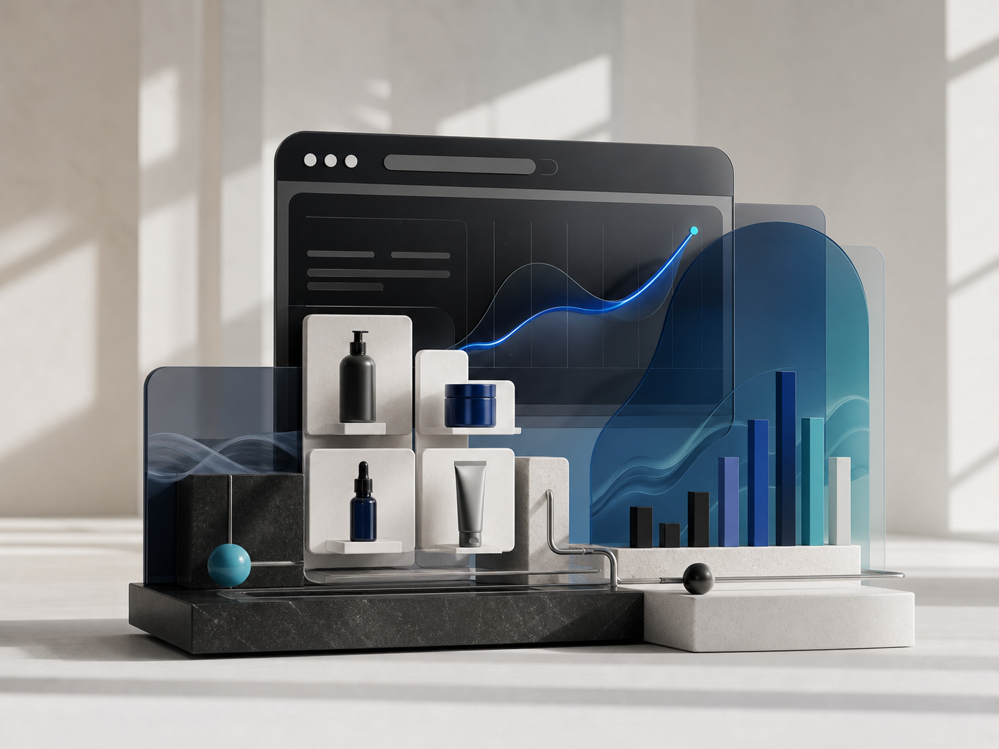 Sistema visual de crecimiento digital con ecommerce, campañas y analítica conectados